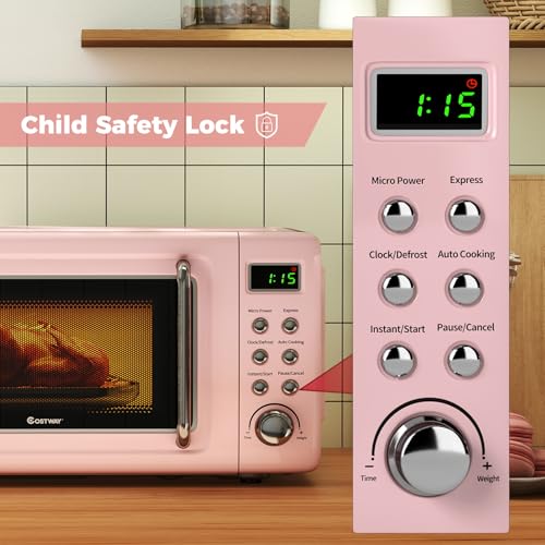 Pink Small Microwave Oven - 0.7 Cu.ft Countertop Retro Compact Kitchen Appliance - COSTWAY