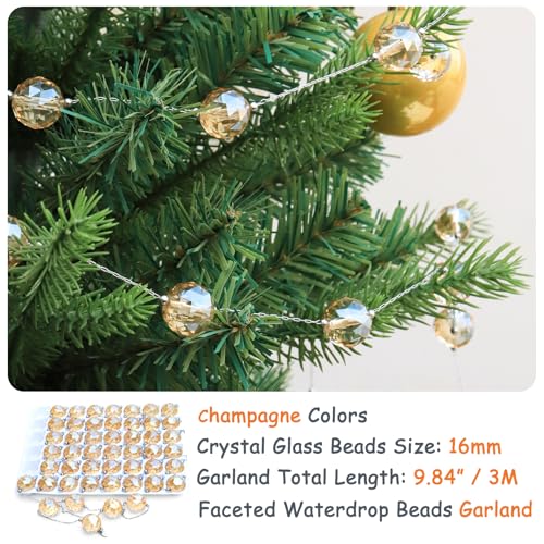 LEFERS 9.8Ft Crystal Glass Balls Christmas Garland,48 Beads 16mm Faceted Prism Beads Strands Hanging Ornament Decoration for Christmas Tree Centerpieces Wedding Party (Gold)