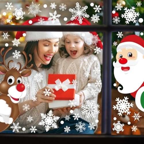 HINZER 310Pcs Christmas Window Clings Window Decorations Flakes Christmas Decals for Home Deer Santa Claus and Snowflakes