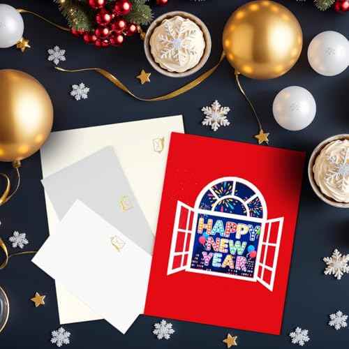 New Year Card Pop Up, Happy New Year Holidays Card, Colorful New Year's Cards, 3D Greeting Card for New Years, Include Envelope.
