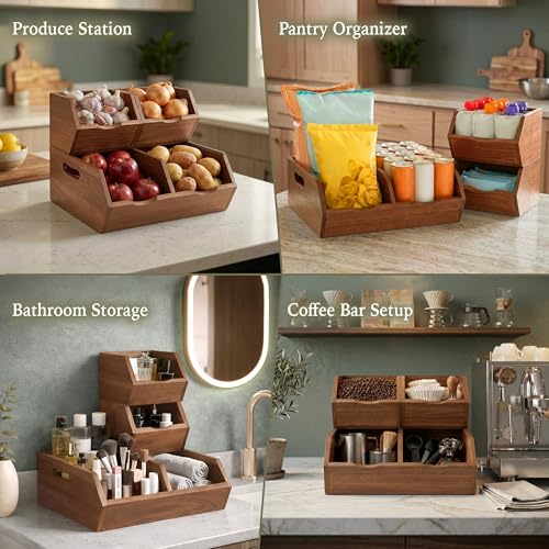 2-Tier Stackable Acacia Wood Storage Bins Set of 3 for Kitchen Pantry Organization