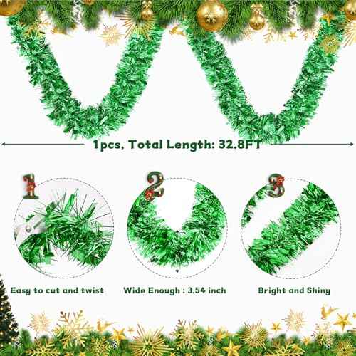 BLEUM CADE 32.8Ft Christmas Tinsel Garland, Green Tinsel Garland for Xmas Tree Decorations Holiday Birthday Wedding Party Supplies