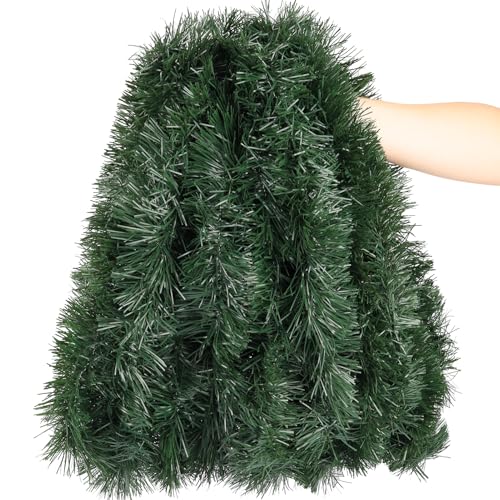 PAKSPAK 50FT-Green Christmas Tinsel Garland, White-Red? No, Green - 50ft Thick Metallic Faux PVC Outdoor/Indoor