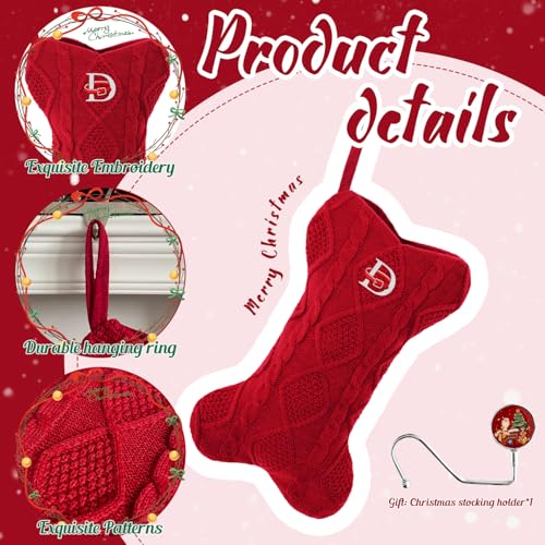 Dog Christmas Stocking with Initials, Large Knit Bone Shape Monogrammed Pet Christmas Stockings for Dogs Cats, Family Holiday Christmas Decorations with Christmas Stocking Holder (Red R)