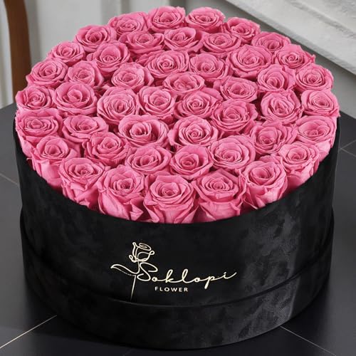 Pink Forever Roses Bouquet - Preserved Roses in a Gift Box - 47 Real Flowers - Soklopi
