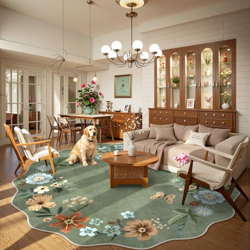 Lahome 6ft Green Floral Washable Round Area Rug – Non-Slip Large Circular Carpet