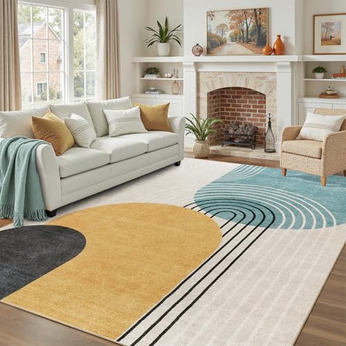 DCX 6' x 9' Blue & Yellow Washable Non-Slip Rug - Low Pile, Modern Design