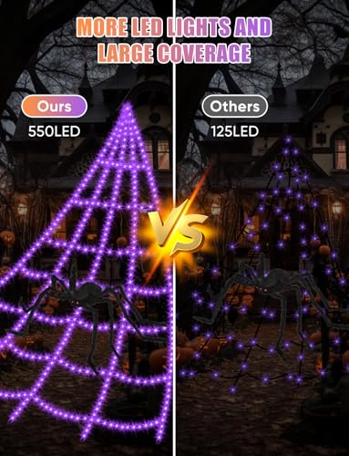 Purple Outdoor Spider Web Lights 16.4FT with Spider, 550 LEDs, Waterproof, 8 Modes for Halloween Decoration