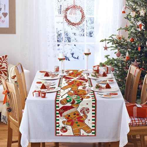 Gingerbread Candy Cane Christmas Table Runner, Christmas Runner for Table, Seasonal Winter Kitchen Dining Table Decoration for Home Party Decor 13x72 Inch