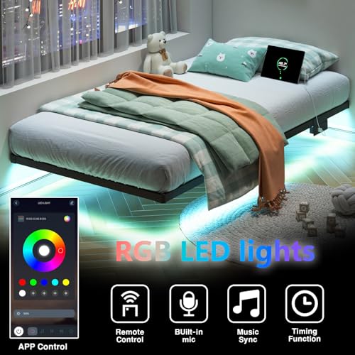 Floating Bed Frame Twin with LED Lights and Charging Station - 8 Inch Height
