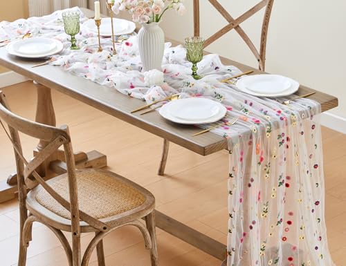 Wracra White Daisy Embroidered Cheesecloth Table Runner — 10ft x 28" W x 120" L
