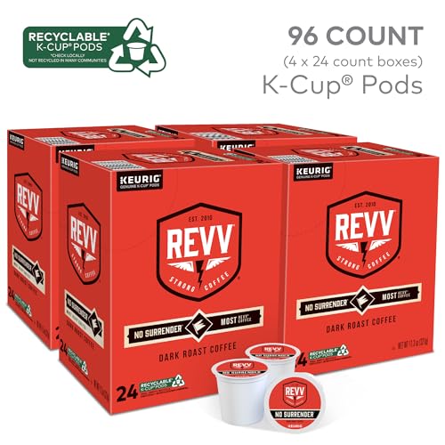 Revv No Surrender Dark Roast Coffee Pods - 96 Count, Keurig Compatible, Recyclable, Kosher