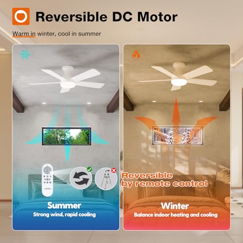 White 42 Inch Modern Low Profile Ceiling Fan with Lights and Remote – Energy Efficient