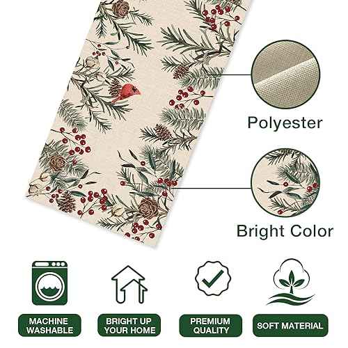 Seliem Winter Pine Needle Branches Table Runner, Pine Cone Cardinal Red Birds Berry Farmhouse Kitchen Dining Table Decor, Christmas Holiday Home Decoration Indoor Outdoor Party Supply 13 x 72 Inches