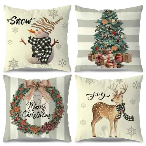 Christmas Pillow Covers 18x18 Set of 4, Decor for Sofa Couch, Indoor Outdoor Decorations, Throw Pillow Cases for Winter Xmas Holiday Farmhouse Party