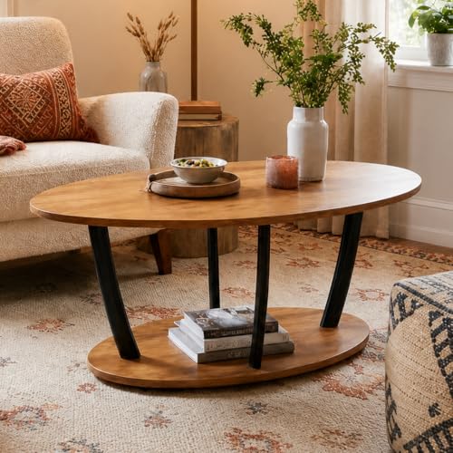 Manora Rustic Oval Coffee Table with Storage Shelf - Brown, 2-Tier Farmhouse Living Room Table