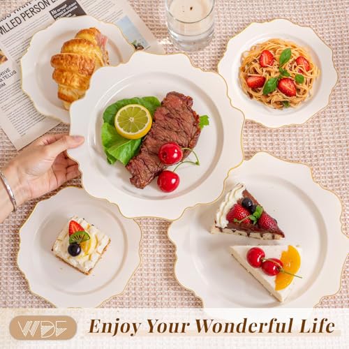 WDF Ivory Plastic Plates Set 200pcs - Gold Rim Disposable Dinner & Dessert Plates - Variation: Ivory / 200