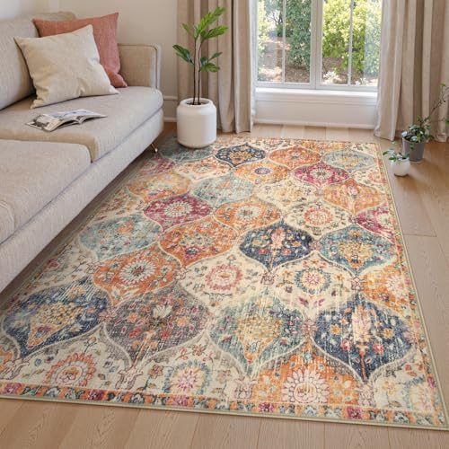 Lahome Moroccan Style Washable Area Rug 4x6 Feet Burnt Orange/Teal Multi