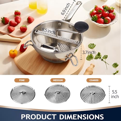 Stainless Steel Food Mill with 3 Discs - Handle & Multifunctional Spoon - Single Handle Variant