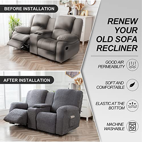 Dark Gray 2-Seater Recliner Loveseat Cover with Center Console, Washable Stretch Sofa Protector