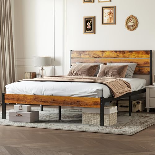 Brown Full Size Platform Bed Frame with Wooden Headboard - Heavy Duty Metal Slats