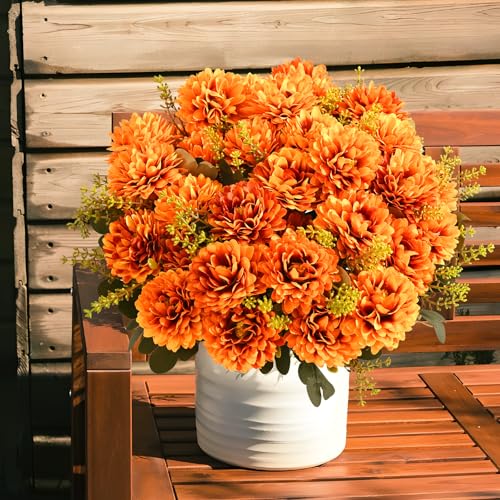 Waipfaru 8 Pcs Fall Artificial Mums in Orange - Realistic Faux Flower Decor