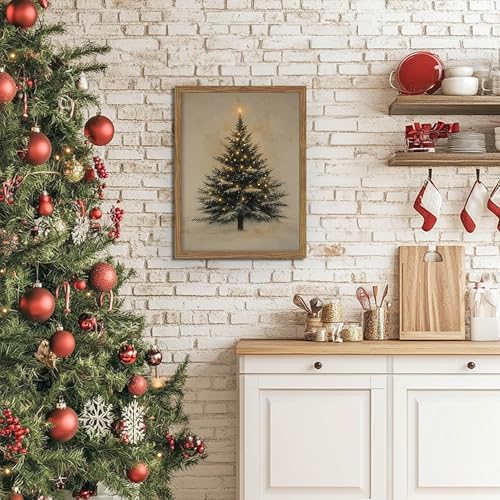 Vintage Christmas Tree Wall Art - 8x10 in Black Framed Rustic Pine Canvas