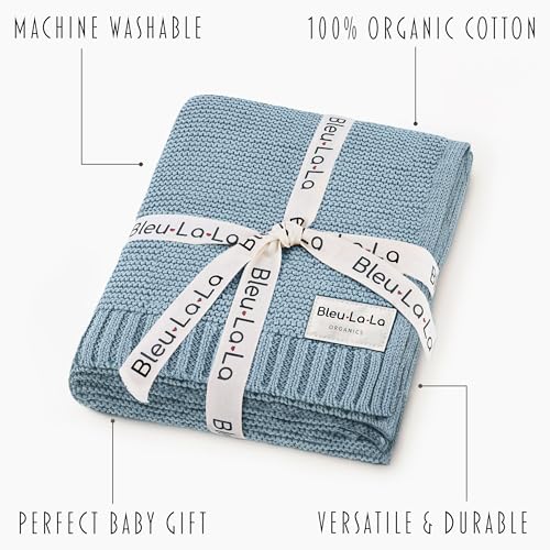 Heritage Knit Baby Quilt Blanket - Sky Blue Organic Cotton for Boys - Variation 01