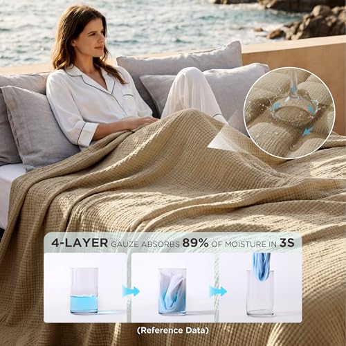 Bedsure King Size Cotton Muslin Blanket 4-Layer Light Brown 108x90 inches