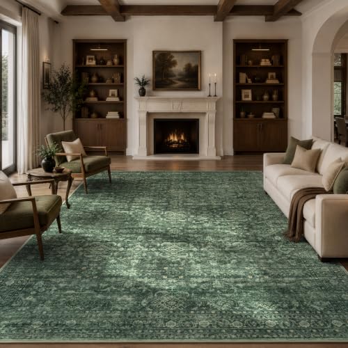 Carpelux Green 9x12 Area Rug - Washable Non-Slip Vintage Floral Pattern
