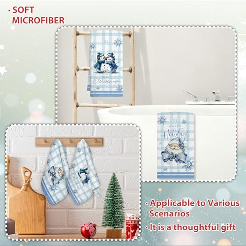 Geuro Winter Friends Snowman Kitchen Towels Set of 2 Blue Checkered 16x24 Inch Holiday Decor