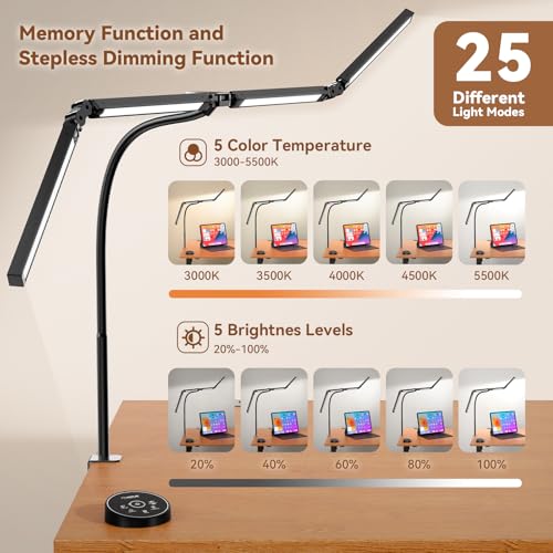 Pzloz Black Led Desk Lamp for Home Office with Clamp - Dimmable Architect Light with Remote