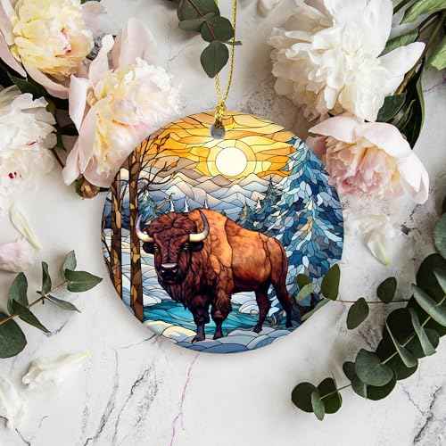 Buffalo Christmas Ornament 2025 | Stained Glass Bison Ornament, Wild Animals Christmas Tree Decor, Beautiful Scenic Buffalo, Keepsake, Yellowstone National Park (Bison in Light)
