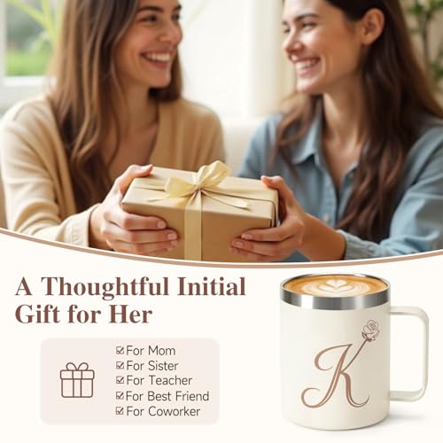 Beige Personalized Monogram K Floral 12oz Insulated Travel Mug with Handle & Lid