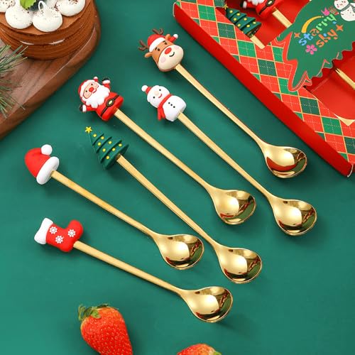 MOJMBSBY 6 Pcs Golden Christmas Spoons Set - Festive Stainless Steel Cutlery