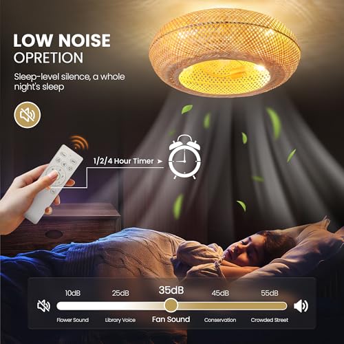 Bamboo Ceiling Fan with Lights 20 Inch Low Profile Rattan Farmhouse Fan - Remote Control