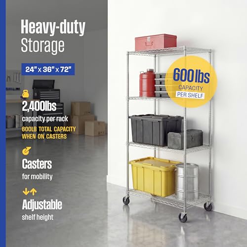 Heavy Duty Wire Shelving Unit - 36x24x72 Inches with Wheels - Silver, 4 Tiers