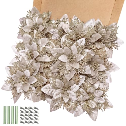 Christmas Flowers, Tree Flowers 20pcs Glitter Poinsettia Champagne