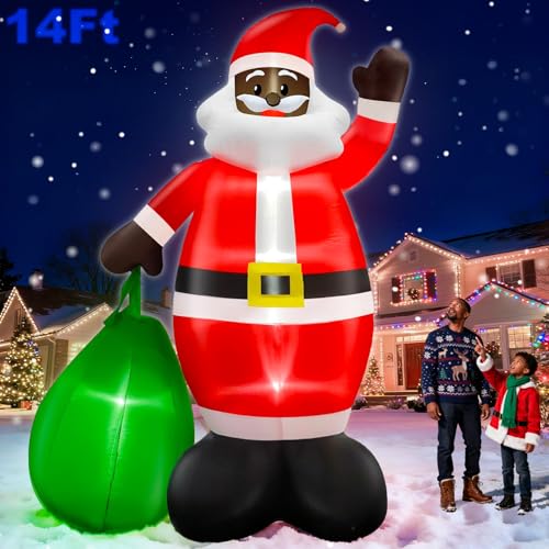 TURNMEON 14 Ft Black Santa Inflatable with Gift Bag, Built-in LEDs - African American Xmas Yard Decoration