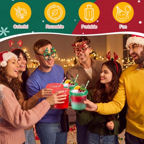 Funnymoom 32 Pcs Christmas Red & Green Drink Buckets with Lids & Straws, 34 Oz / 1 L