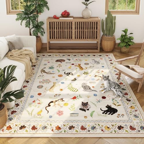 Large Washable Area Rug 8x10 Floral Animal Cat Design Non Slip Beige Variation of THIS listing