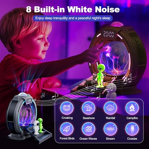 Northern Lights Projector Night Light with Remote, Clock & White Noise—Astronaut Plasma Globe