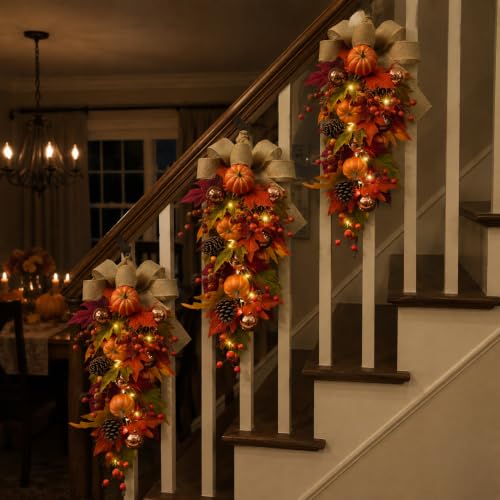 24-Inch Pre-Lit Fall Teardrop Swag with 15 Warm LED Lights & Timer, Autumn Door Decor