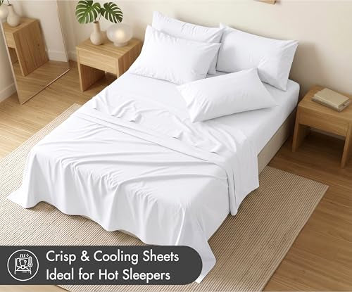 RUVANTI Full Size Cotton Percale Bed Sheet Set Bright White - 6 Piece, Deep Pocket Fitted & Pillowcases