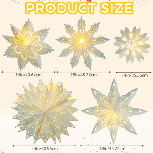 OuMuaMua White 5-Pack Paper Snowflake Lanterns with Lights (5 Designs) Remote-Controlled