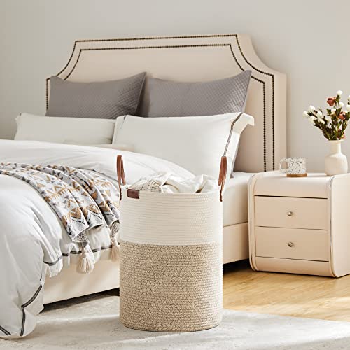 Tall Laundry Basket with Leather Handle - 58L Woven Rope Storage Hamper, Brown