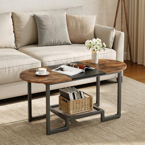 HOOBRO Rustic Brown & Black Oval Coffee Table with 2-Tier Storage - Small Modern Center Table for Living Room & Bedroom