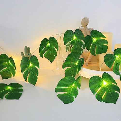 20 LED Palm Leaves String Lights, Tropical Artificial Monstera Leaf Wall Hanging Vine Leaf for Hawaiian Luau Party Jungle Theme Beach Birthday Home Decorations (A Monstera Leaf String Lights 1 Pcs)