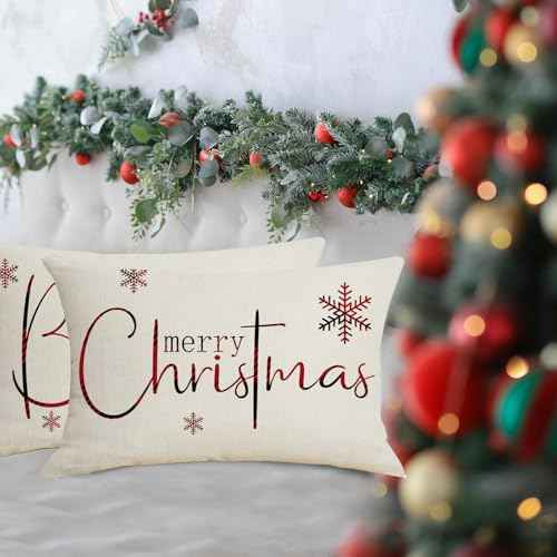 Christmas Pillow Covers 12 x 20 Inch Set of 2 Merry Christmas Believe White Throw Pillow Covers Winter Xmas Winter Holiday Decorative Cushion Cases for Sofa Couch