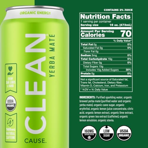 CLEAN Cause Low Calorie Sparkling Yerba Mate Tea Variety Pack - 12 Cans, 4 Flavors